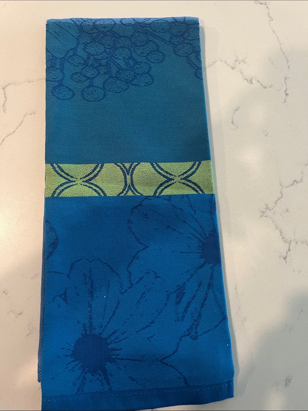 Blue Floral Jacquard Kitchen Towel with Lime Accent